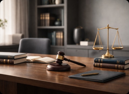 Scales of justice and gavel on a desk